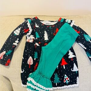 Festive Tree Print Dress with Green Leggings